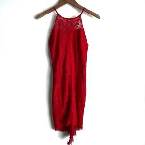 Soieblu red lace dress halter style neckline button detail down back hi-lo hem